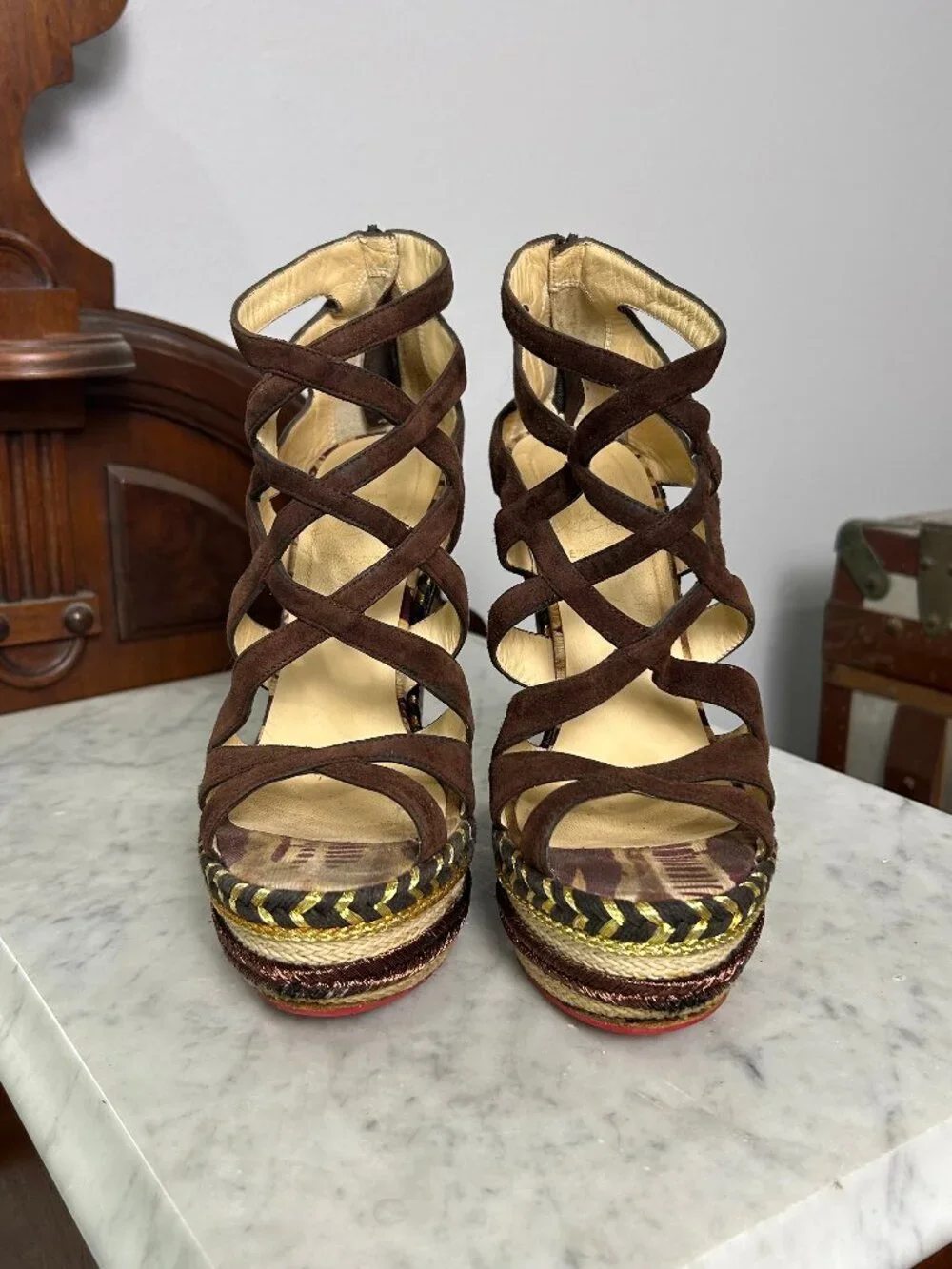 Christian Louboutin Tosca 140 Brown Suede Tie-Dye Wedge size 36